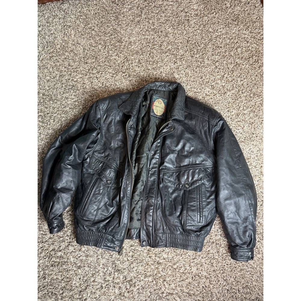 Members Only Men's Leather Bomber Jacket Size L Black Vintage 1980's Style